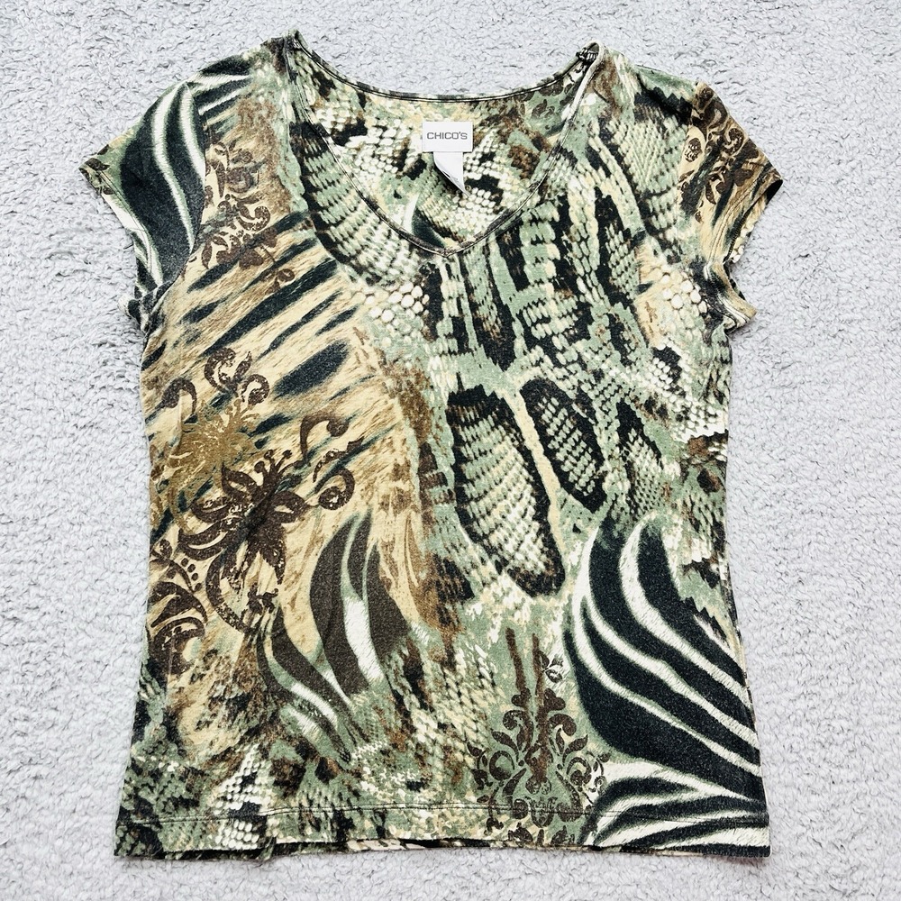 Chicos Abstract Tropical Print Top Size S/4 Chicos Sz 0 Short Sleeve Shirt Green
